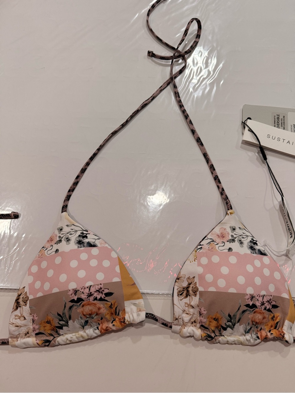 Monte and Lou Reversible Floral Patchwork Triangle Bikini Top - Pink